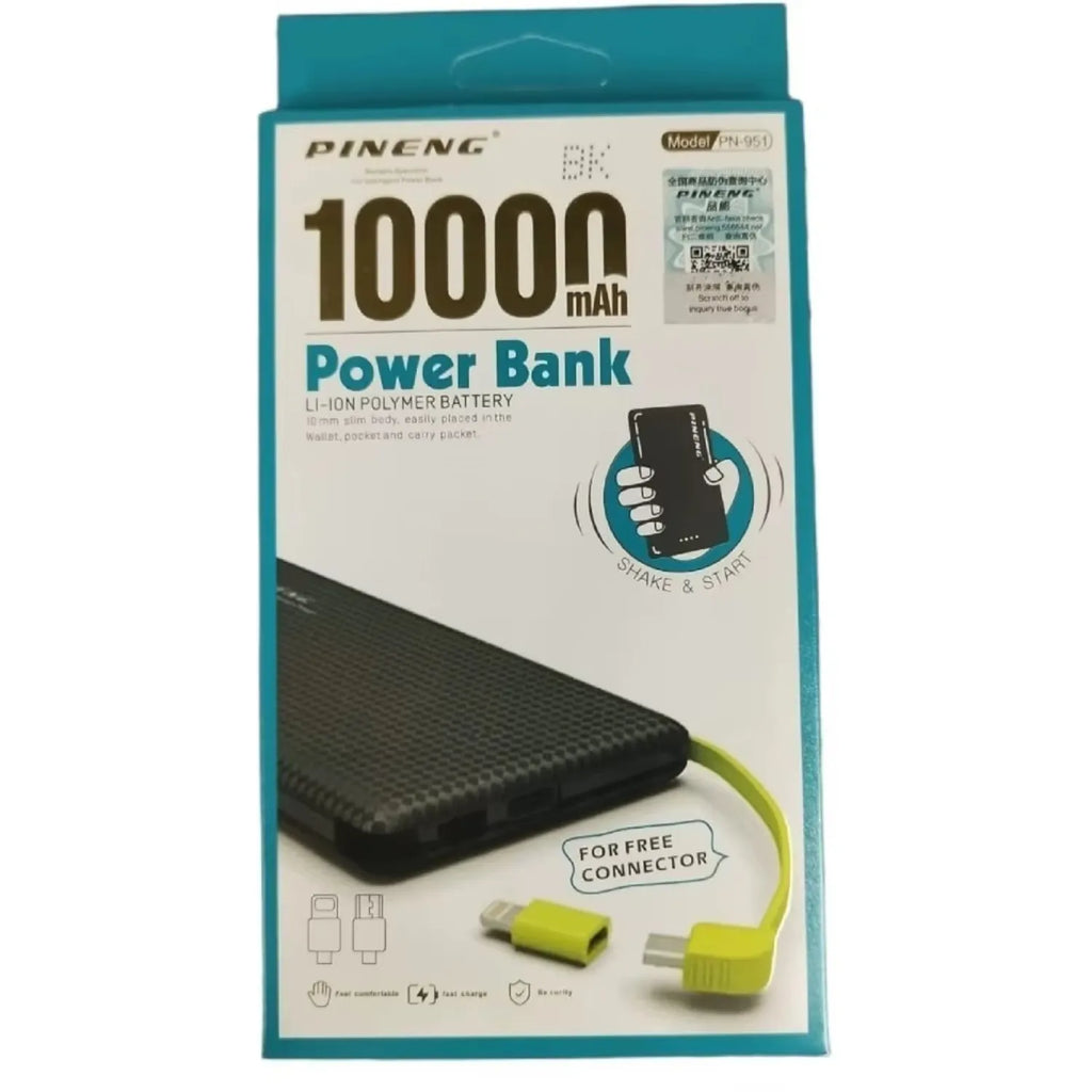 Carregador Portátil Power Bank Pineng 10000mAh Slim Cabos Embutidos