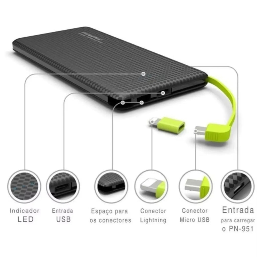 Carregador Portátil Power Bank Pineng 10000mAh Slim Cabos Embutidos