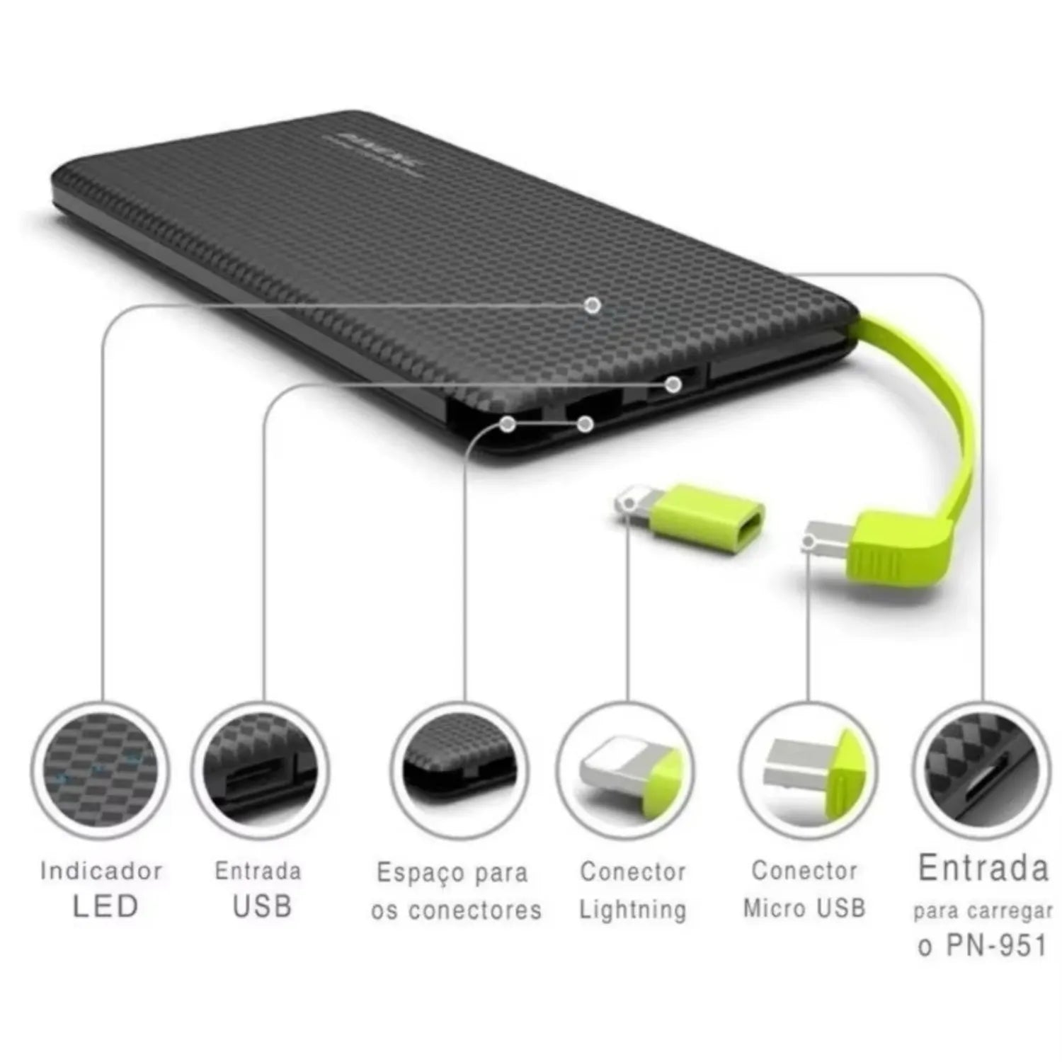 Carregador Portátil Power Bank Pineng 10000mAh Slim Cabos Embutidos